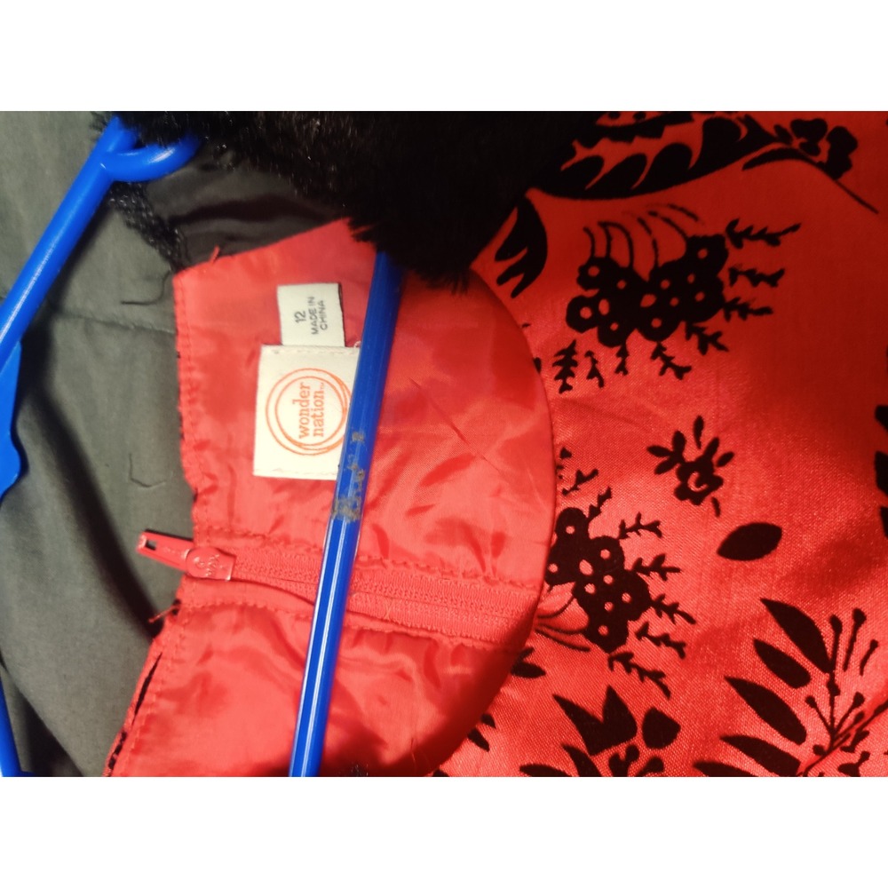 Wonder Nation Girls Red Black Damask Faux Fur Holiday Party Dress Size 12 - Picture 6 of 7